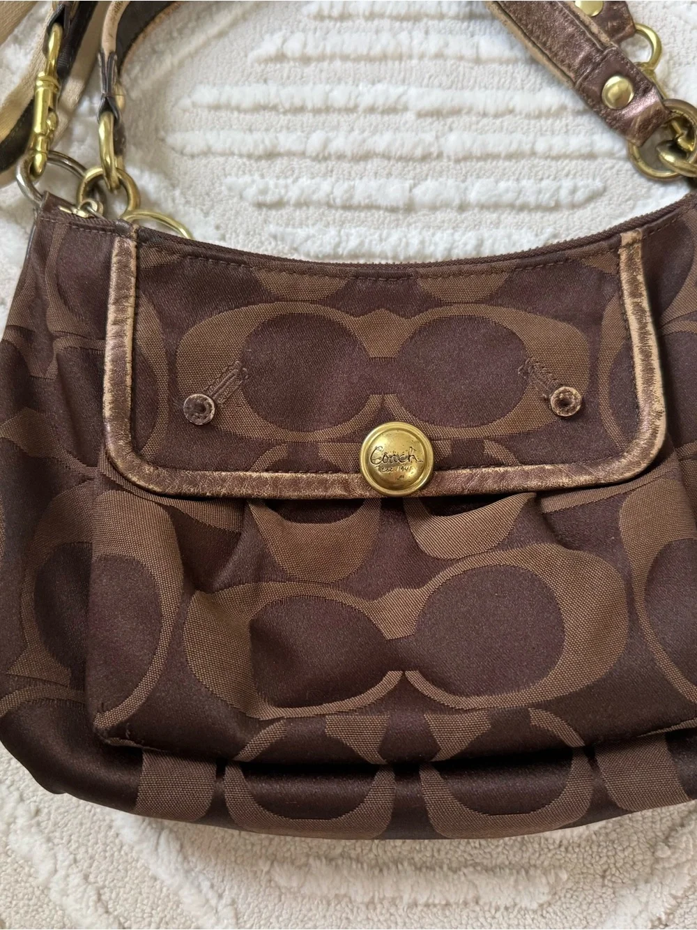 Vintage Y2K Coach Brown Signature Monogram Shoulder Bag with Beige Strap